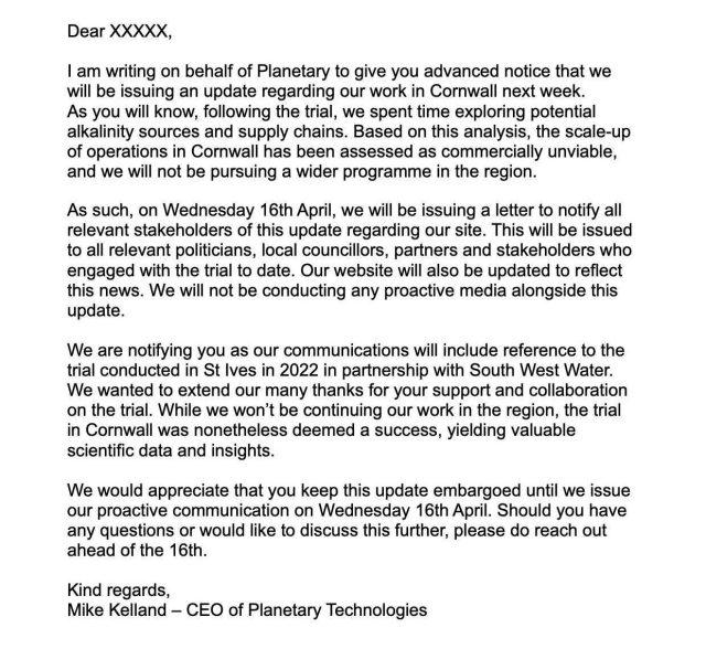 Draft letter from Planetary Technologies appears to signal the abandonment of St Ives Bay chemical project